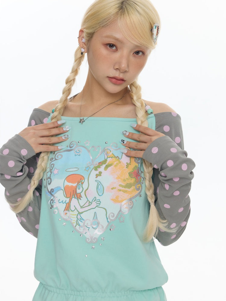 One Shoulder Neck Contrasting Polka Dot Mint Green Tops【s0000018022】