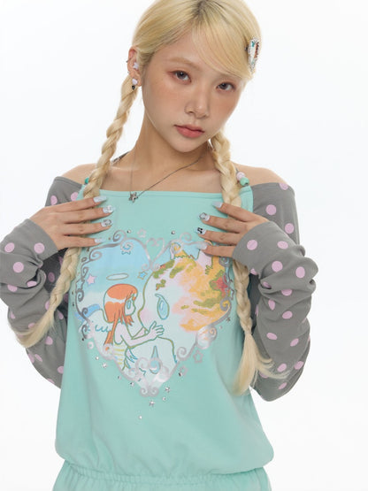 One Shoulder Neck Contrasting Polka Dot Mint Green Tops【s0000018022】