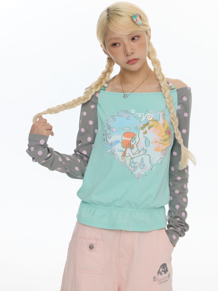 One Shoulder Neck Contrasting Polka Dot Mint Green Tops【s0000018022】