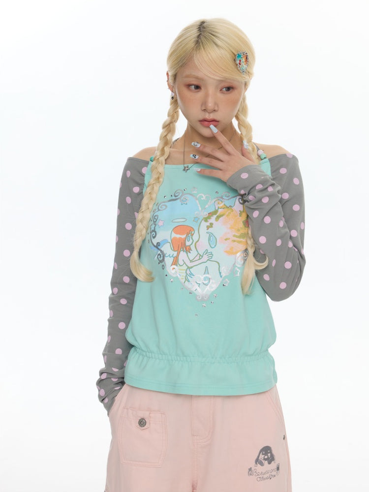 One Shoulder Neck Contrasting Polka Dot Mint Green Tops【s0000018022】