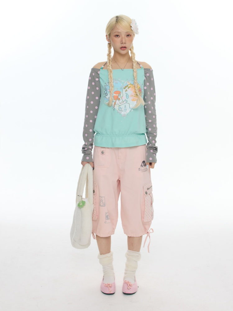 One Shoulder Neck Contrasting Polka Dot Mint Green Tops【s0000018022】