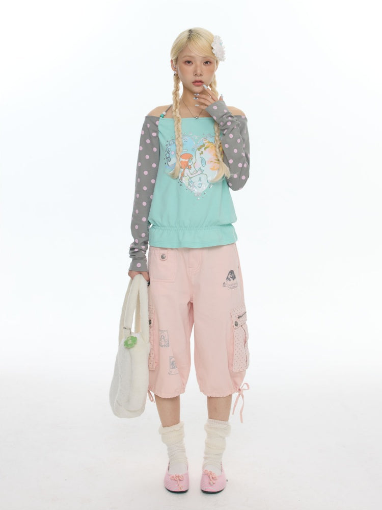 One Shoulder Neck Contrasting Polka Dot Mint Green Tops【s0000018022】
