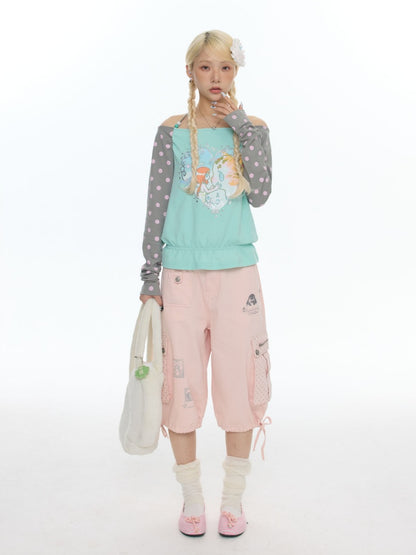 One Shoulder Neck Contrasting Polka Dot Mint Green Tops【s0000018022】