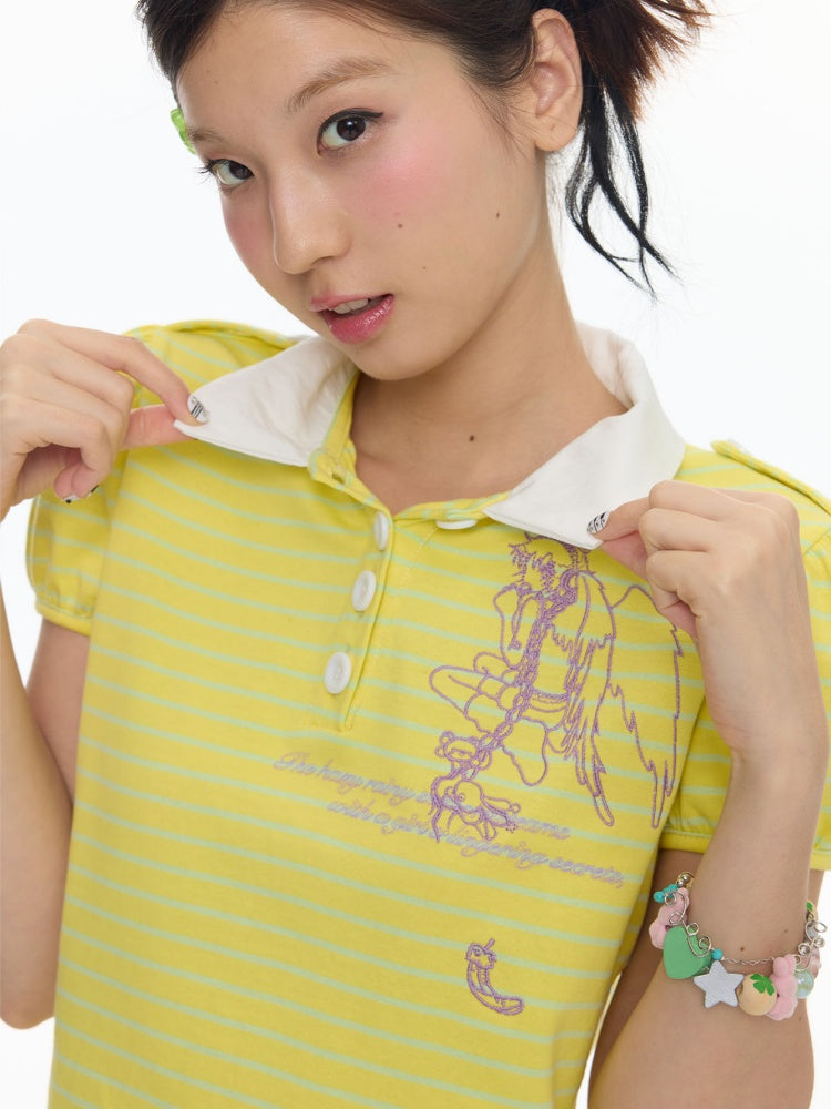 Yellow Doll Angel Embroidered Short-Sleeve Polo Shirt【s0000018024】