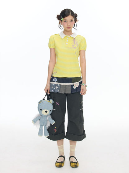 Yellow Doll Angel Embroidered Short-Sleeve Polo Shirt【s0000018024】