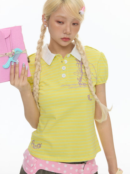 Yellow Doll Angel Embroidered Short-Sleeve Polo Shirt【s0000018024】