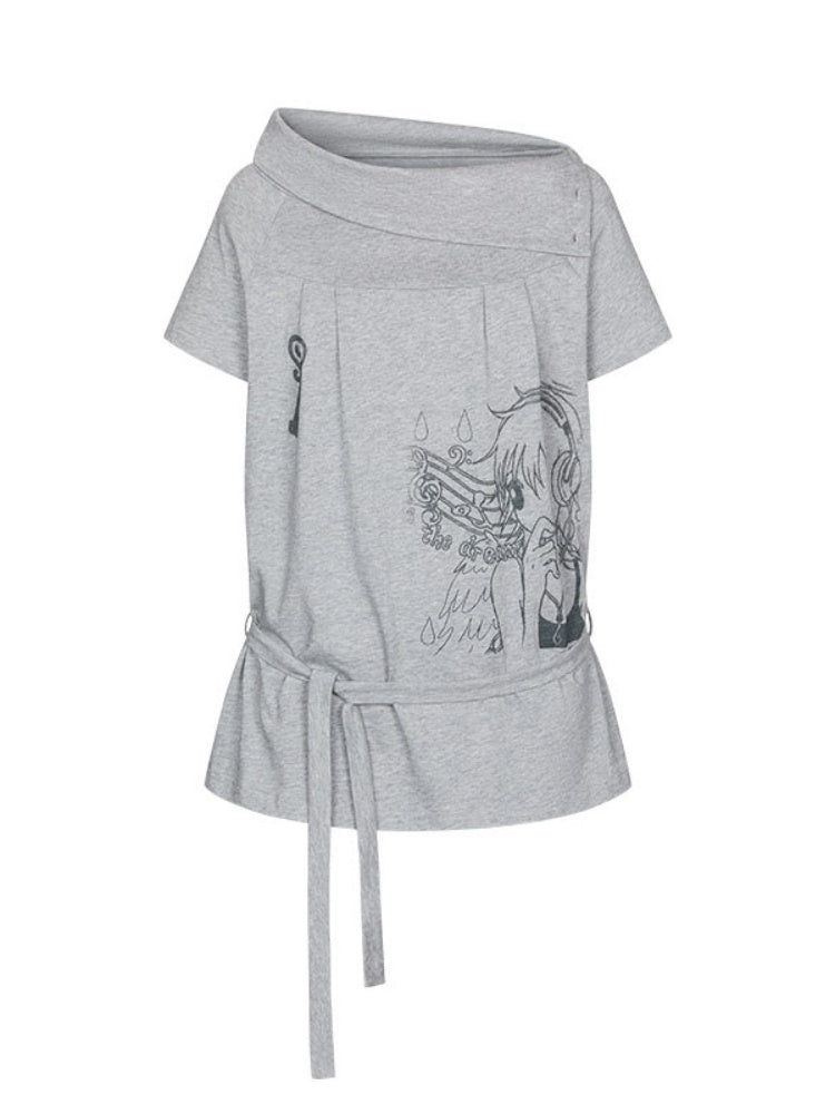 Illustration Wear Fold-Over Collar Short-Sleeved Tops【s0000018026】