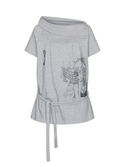 Illustration Wear Fold-Over Collar Short-Sleeved Tops【s0000018026】