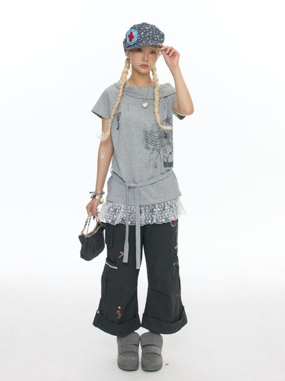 Illustration Wear Fold-Over Collar Short-Sleeved Tops【s0000018026】