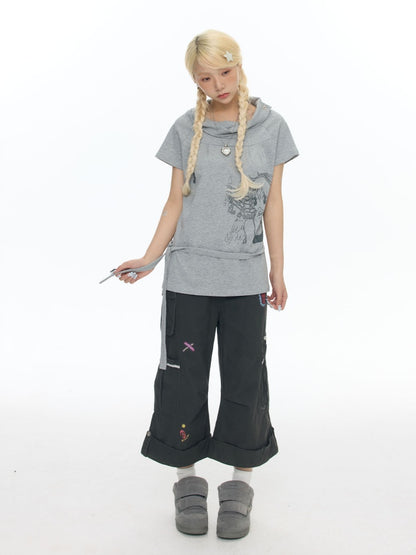 Illustration Wear Fold-Over Collar Short-Sleeved Tops【s0000018026】