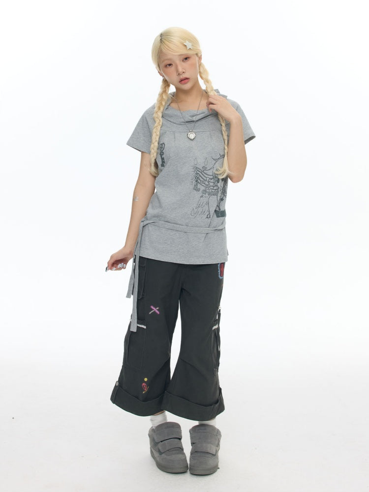 Illustration Wear Fold-Over Collar Short-Sleeved Tops【s0000018026】