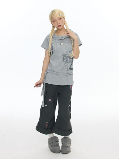 Illustration Wear Fold-Over Collar Short-Sleeved Tops【s0000018026】