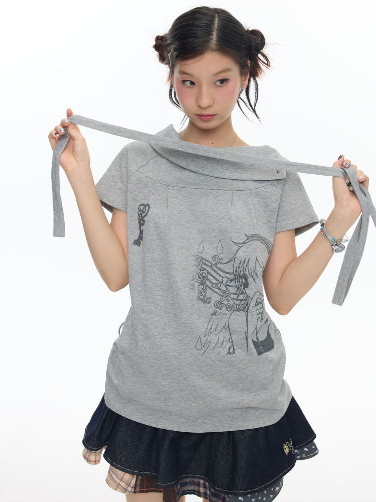 Illustration Wear Fold-Over Collar Short-Sleeved Tops【s0000018026】
