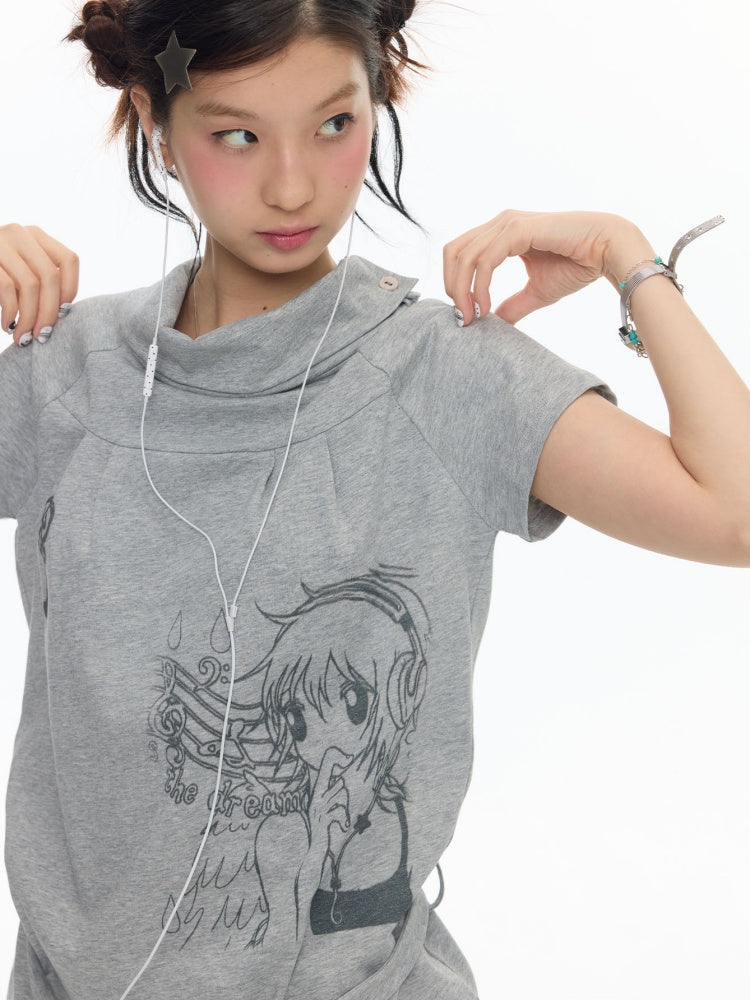 Illustration Wear Fold-Over Collar Short-Sleeved Tops【s0000018026】