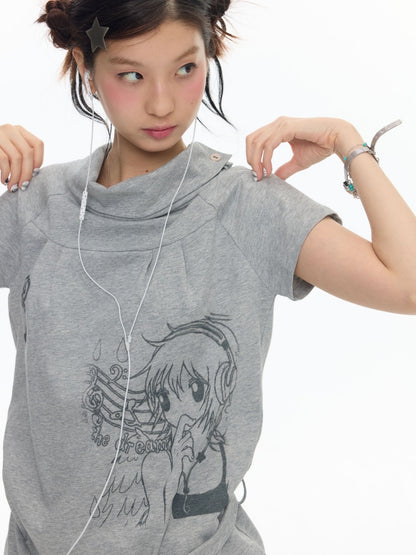 Illustration Wear Fold-Over Collar Short-Sleeved Tops【s0000018026】