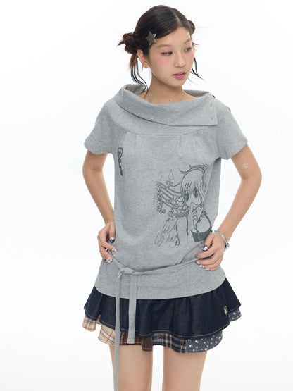 Illustration Wear Fold-Over Collar Short-Sleeved Tops【s0000018026】