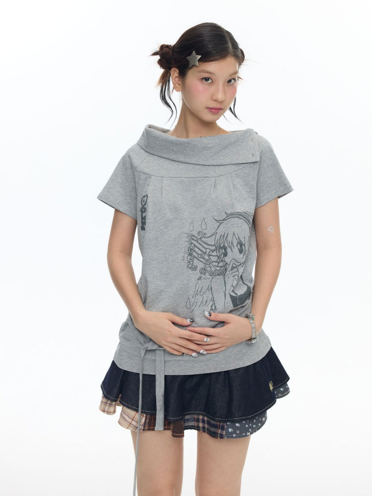 Illustration Wear Fold-Over Collar Short-Sleeved Tops【s0000018026】