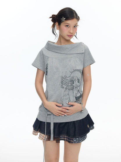 Illustration Wear Fold-Over Collar Short-Sleeved Tops【s0000018026】