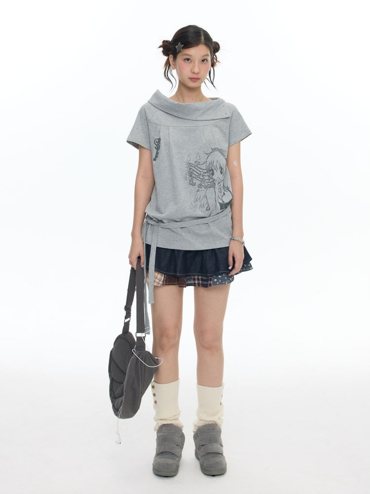 Illustration Wear Fold-Over Collar Short-Sleeved Tops【s0000018026】