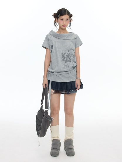 Illustration Wear Fold-Over Collar Short-Sleeved Tops【s0000018026】