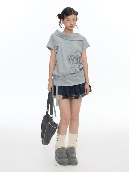 Illustration Wear Fold-Over Collar Short-Sleeved Tops【s0000018026】