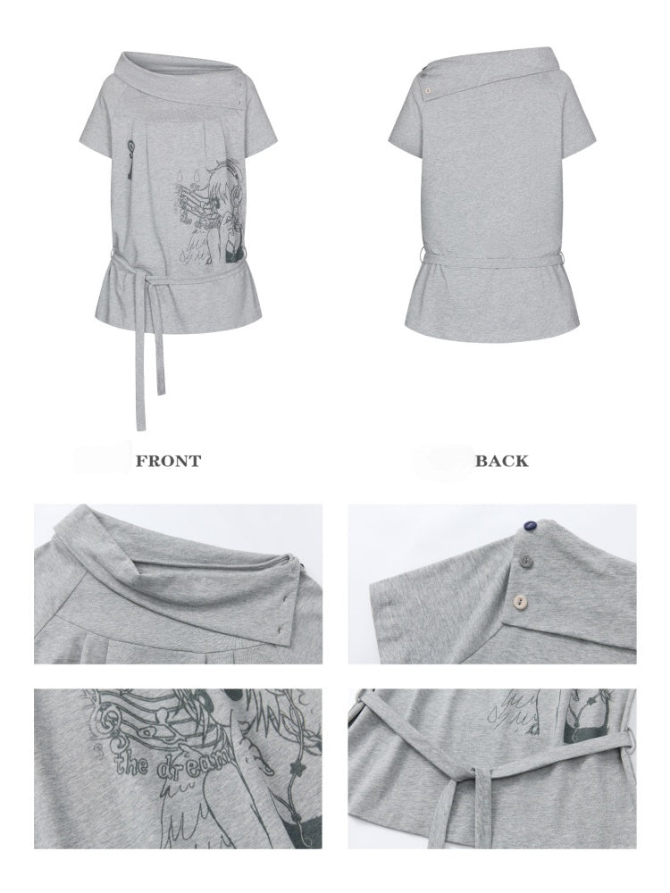 Illustration Wear Fold-Over Collar Short-Sleeved Tops【s0000018026】