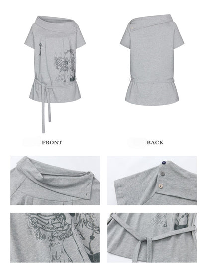 Illustration Wear Fold-Over Collar Short-Sleeved Tops【s0000018026】