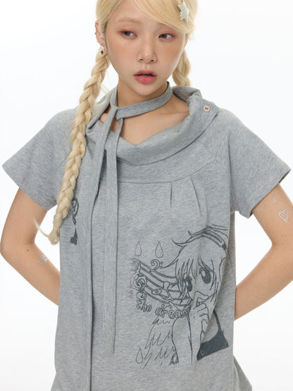 Illustration Wear Fold-Over Collar Short-Sleeved Tops【s0000018026】