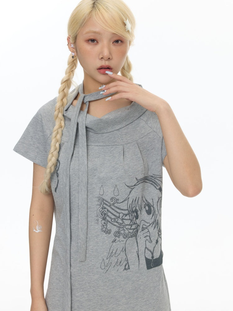 Illustration Wear Fold-Over Collar Short-Sleeved Tops【s0000018026】