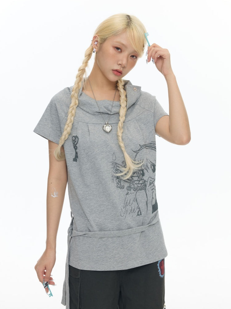 Illustration Wear Fold-Over Collar Short-Sleeved Tops【s0000018026】