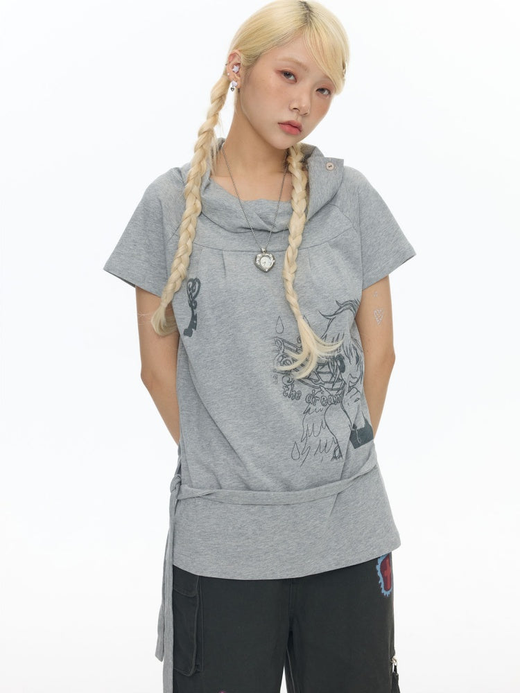 Illustration Wear Fold-Over Collar Short-Sleeved Tops【s0000018026】