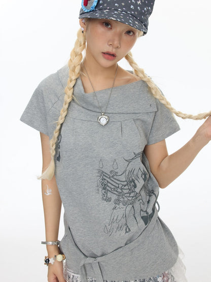 Illustration Wear Fold-Over Collar Short-Sleeved Tops【s0000018026】