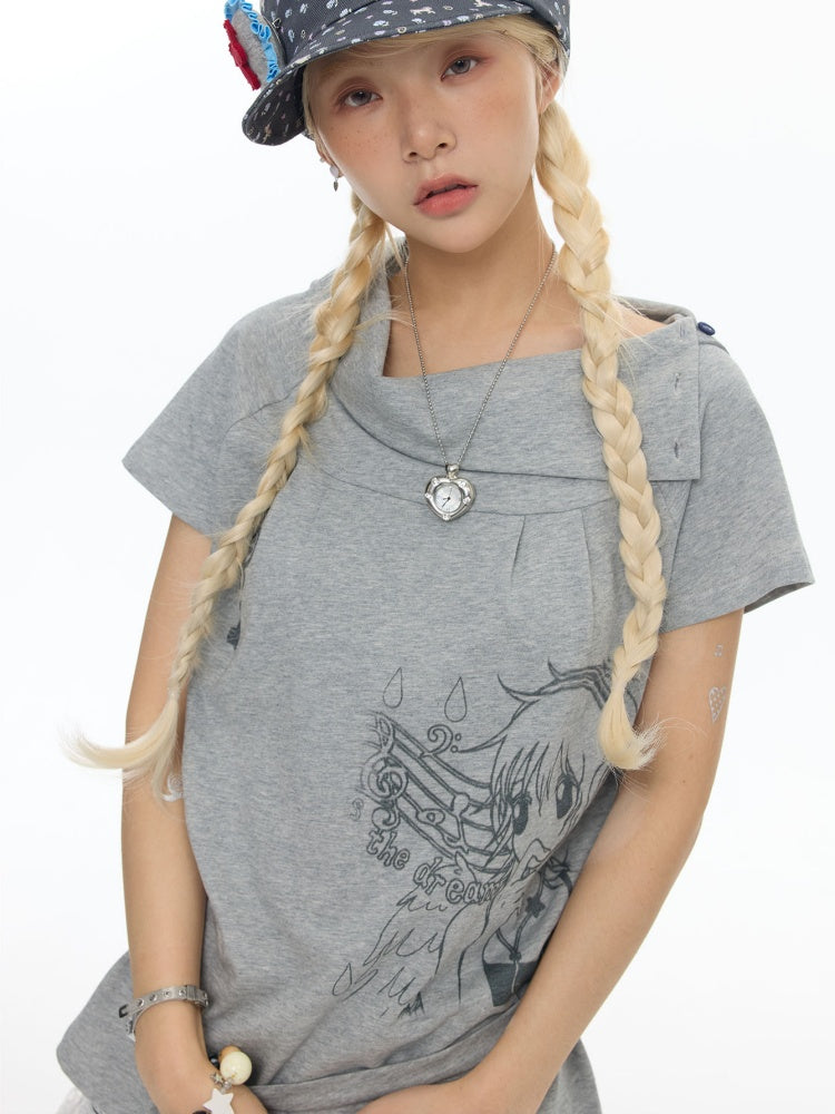 Illustration Wear Fold-Over Collar Short-Sleeved Tops【s0000018026】