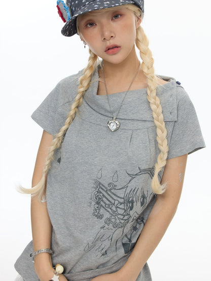 Illustration Wear Fold-Over Collar Short-Sleeved Tops【s0000018026】