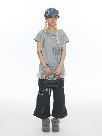 Illustration Wear Fold-Over Collar Short-Sleeved Tops【s0000018026】