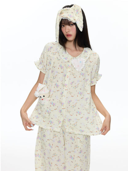 Double-Layer Cotton Yarn Puff Sleeve Four Piece Sleepwear Set【s0000018028】