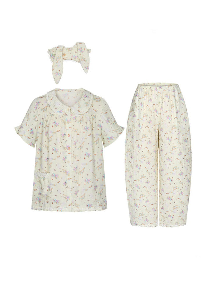 Double-Layer Cotton Yarn Puff Sleeve Four Piece Sleepwear Set【s0000018028】