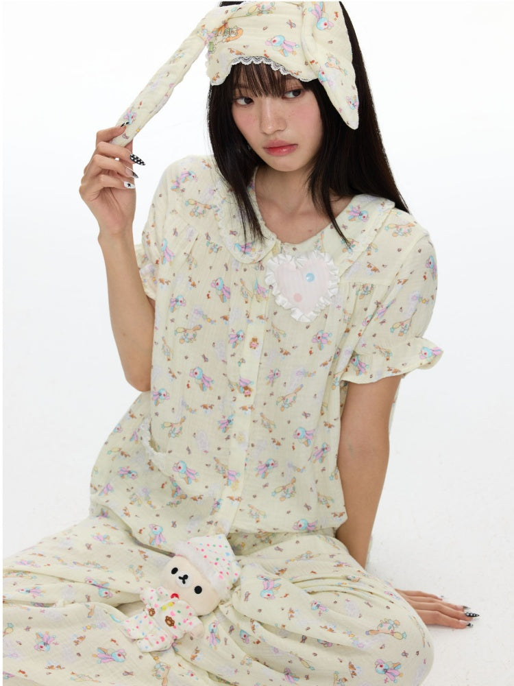 Double-Layer Cotton Yarn Puff Sleeve Four Piece Sleepwear Set【s0000018028】