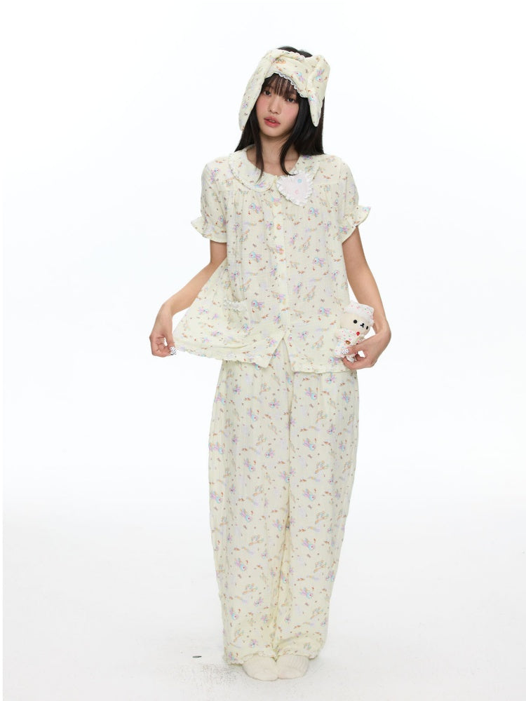 Double-Layer Cotton Yarn Puff Sleeve Four Piece Sleepwear Set【s0000018028】