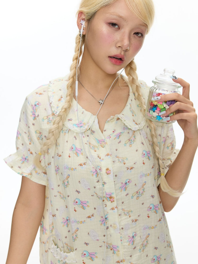 Double-Layer Cotton Yarn Puff Sleeve Four Piece Sleepwear Set【s0000018028】