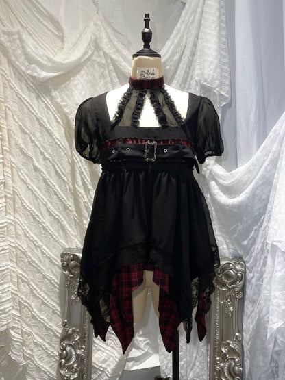 Black&Red Plaid Irregular Halter-Neck Mesh Puff Sleeve Doll Dress【s0000018029】