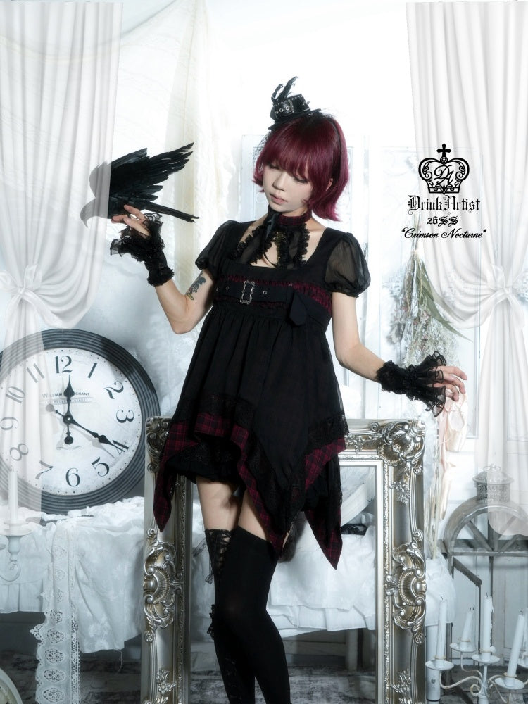 Black&Red Plaid Irregular Halter-Neck Mesh Puff Sleeve Doll Dress【s0000018029】