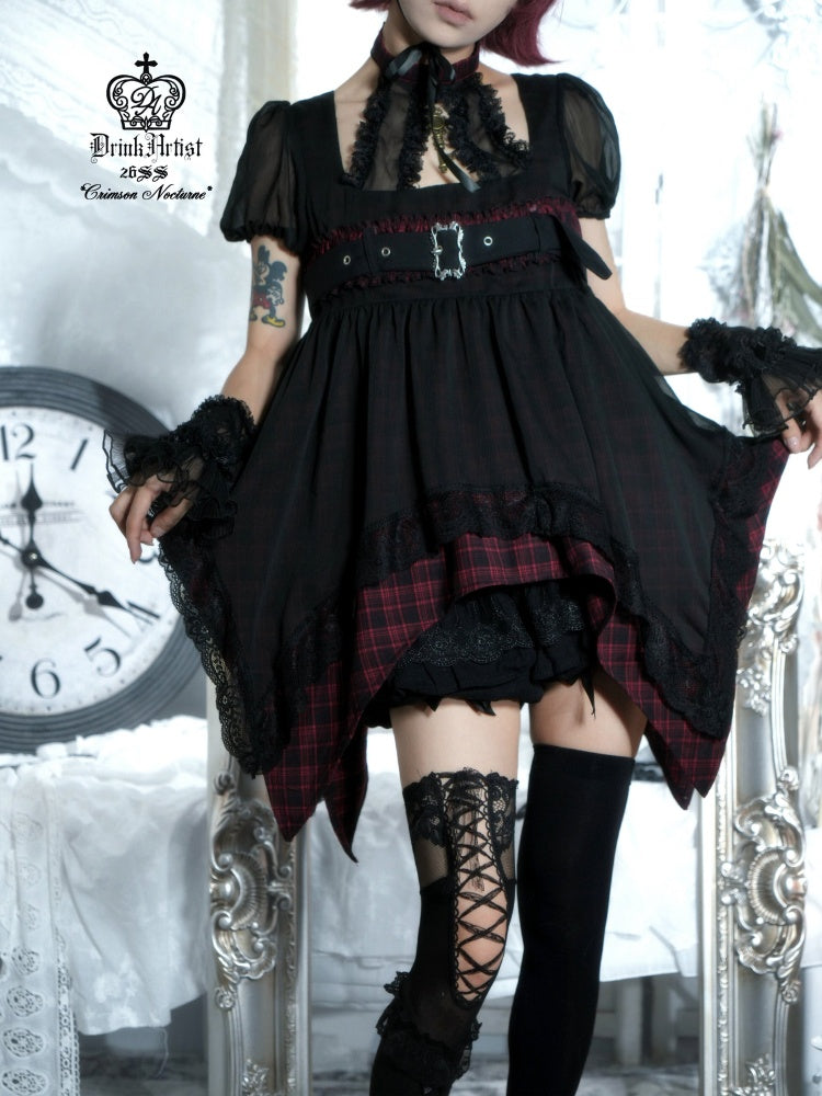 Black&Red Plaid Irregular Halter-Neck Mesh Puff Sleeve Doll Dress【s0000018029】