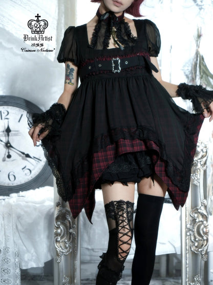 Black&Red Plaid Irregular Halter-Neck Mesh Puff Sleeve Doll Dress【s0000018029】