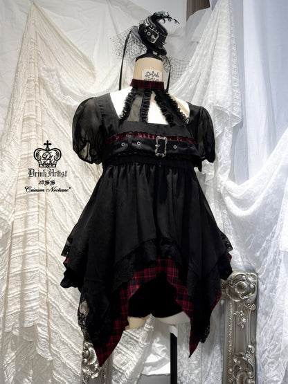 Black&Red Plaid Irregular Halter-Neck Mesh Puff Sleeve Doll Dress【s0000018029】
