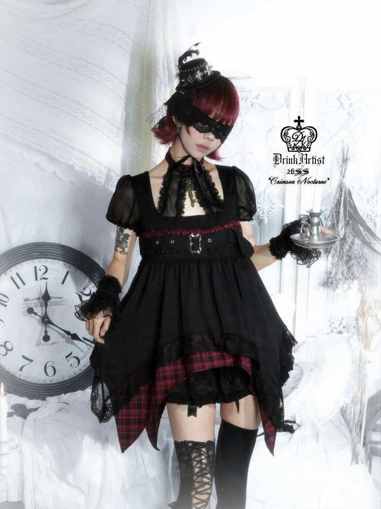 Black&Red Plaid Irregular Halter-Neck Mesh Puff Sleeve Doll Dress【s0000018029】