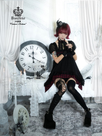 Black&Red Plaid Irregular Halter-Neck Mesh Puff Sleeve Doll Dress【s0000018029】