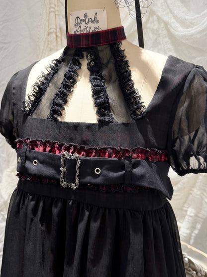 Black&Red Plaid Irregular Halter-Neck Mesh Puff Sleeve Doll Dress【s0000018029】