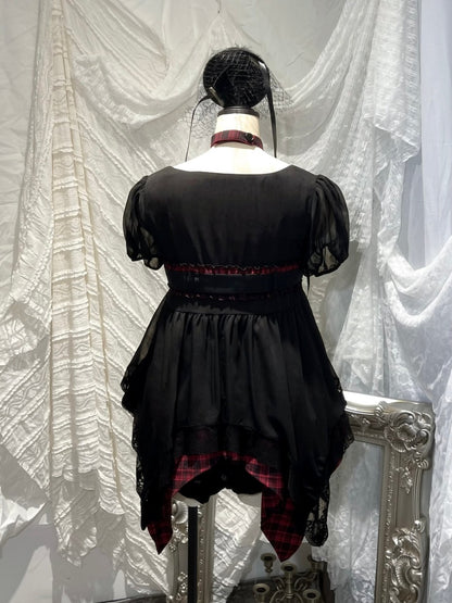 Black&Red Plaid Irregular Halter-Neck Mesh Puff Sleeve Doll Dress【s0000018029】