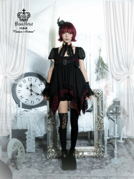 Black&Red Plaid Irregular Halter-Neck Mesh Puff Sleeve Doll Dress【s0000018029】